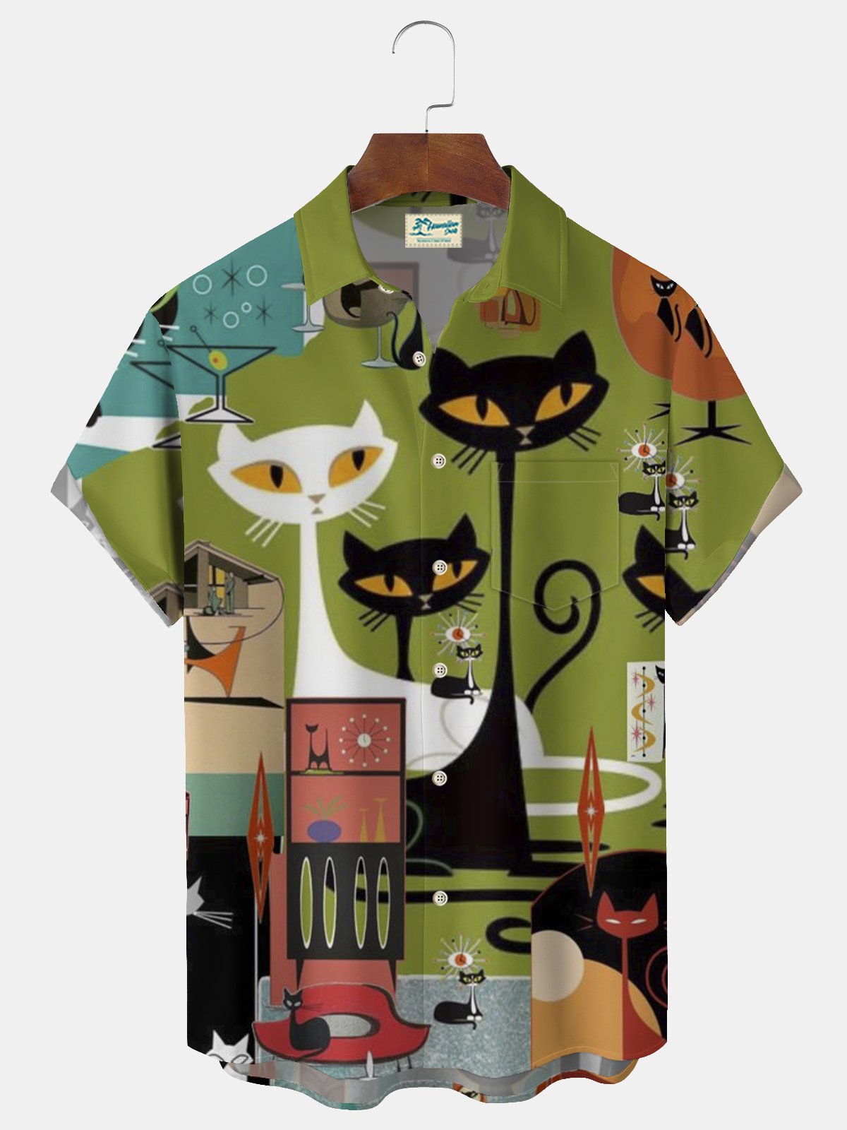 Royaura® Vintage Medieval Geometric Cat Print Men's Lapel Pocket Shirt Big & Tall