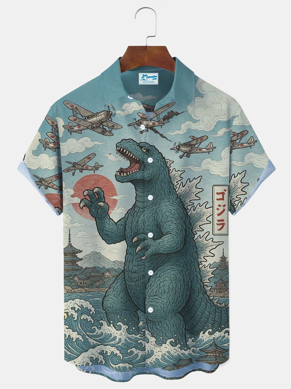 Royaura® Retro Ukiyoe Japanese Godzilla Aircraft War Print Men's Button Pocket Short Sleeve Lapel Shirt Big & Tall
