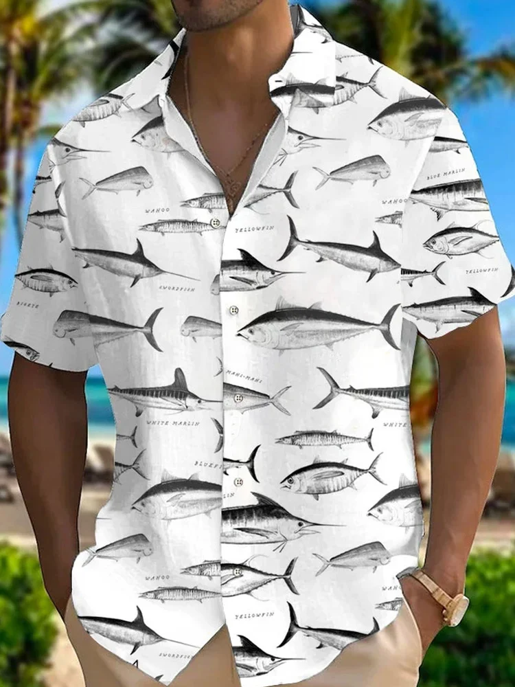 Royaura® Hawaiian Fish Print Men's Lapel Short Sleeve Button-Down Shirt Big & Tall