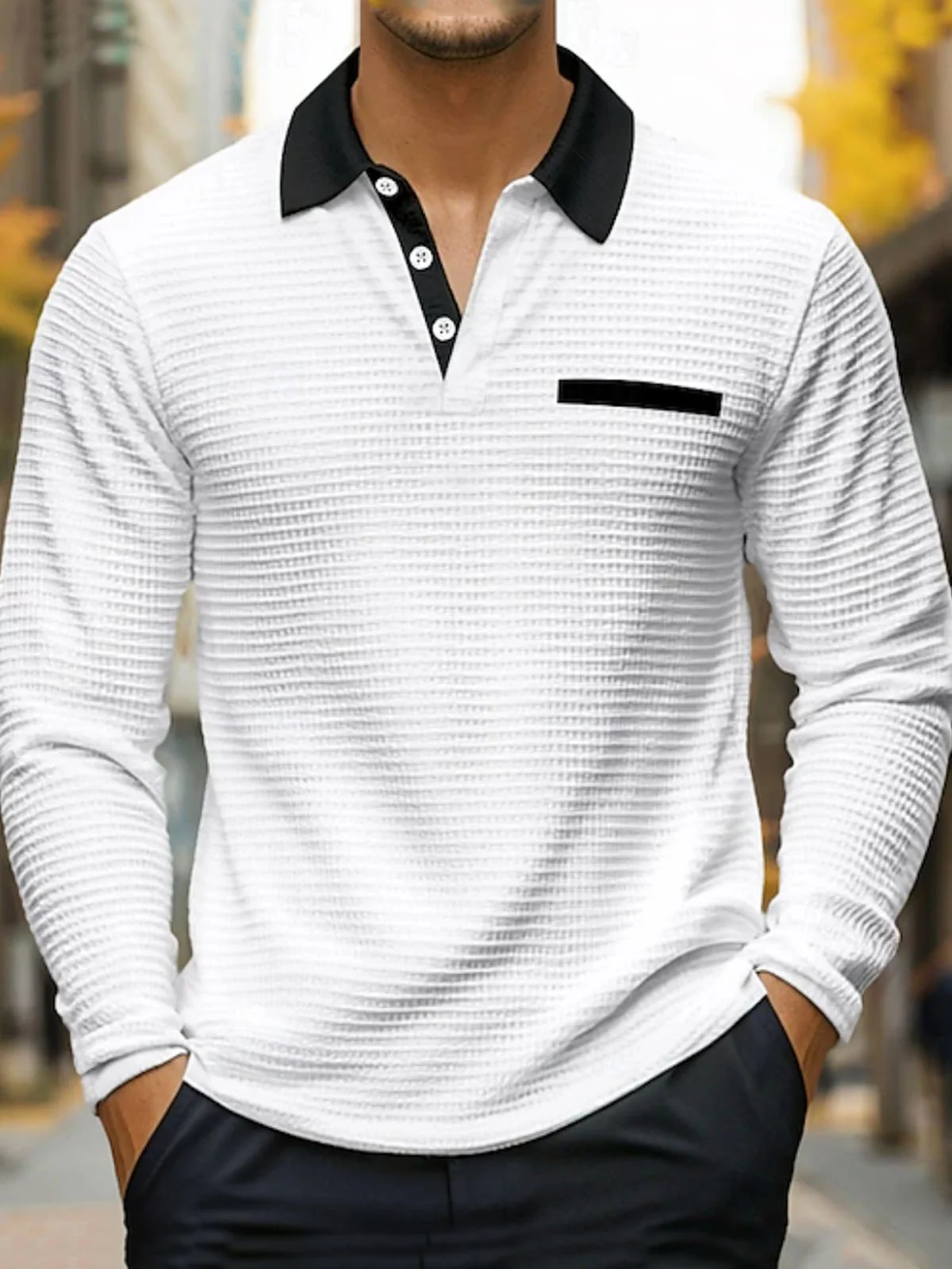 Royaura® Basic Waffle Texture Stitching Men's Contrast Color Button Long Sleeve Polo Shirt Big & Tall