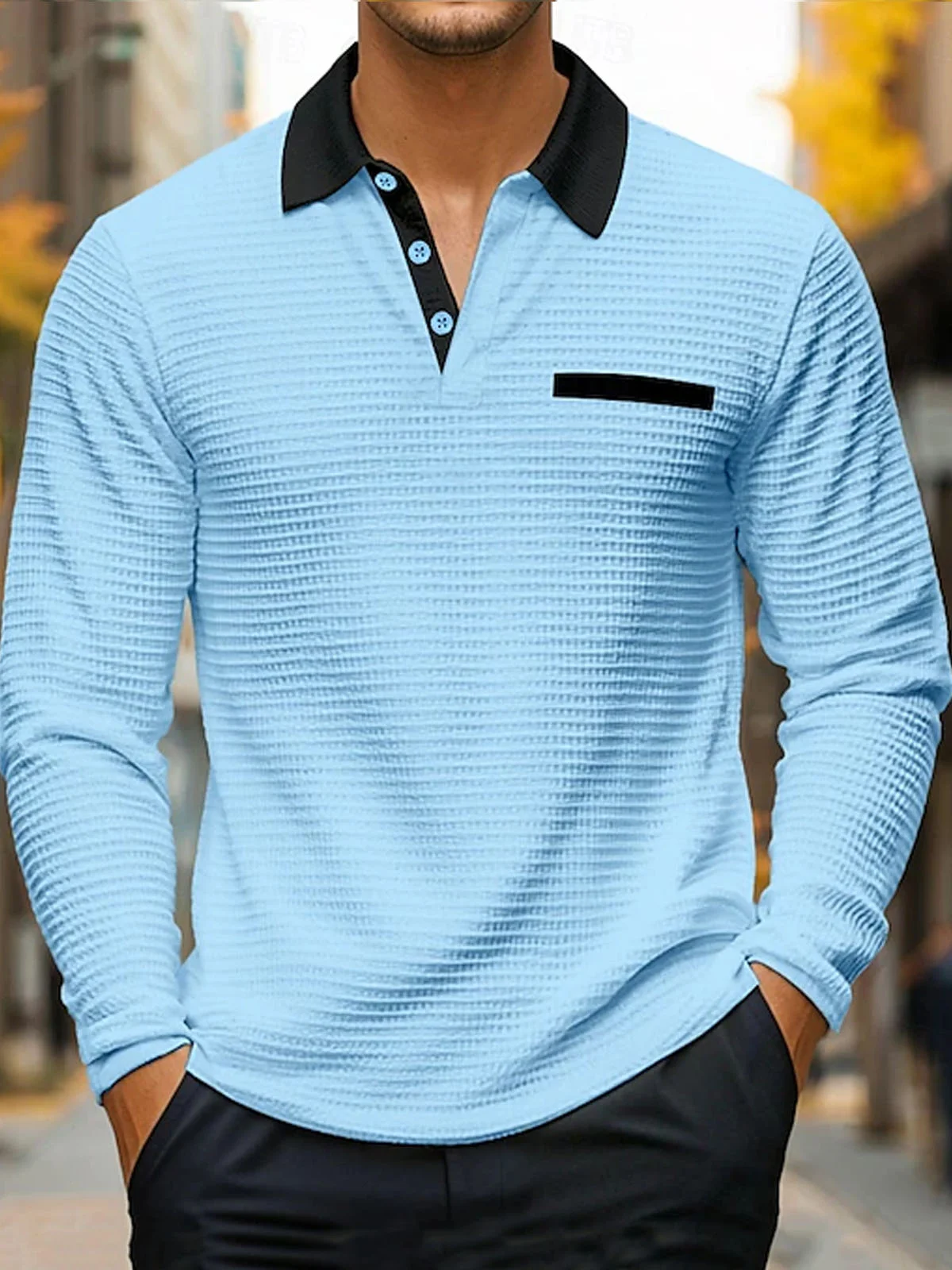Royaura® Basic Waffle Texture Stitching Men's Contrast Color Button Long Sleeve Polo Shirt Big & Tall