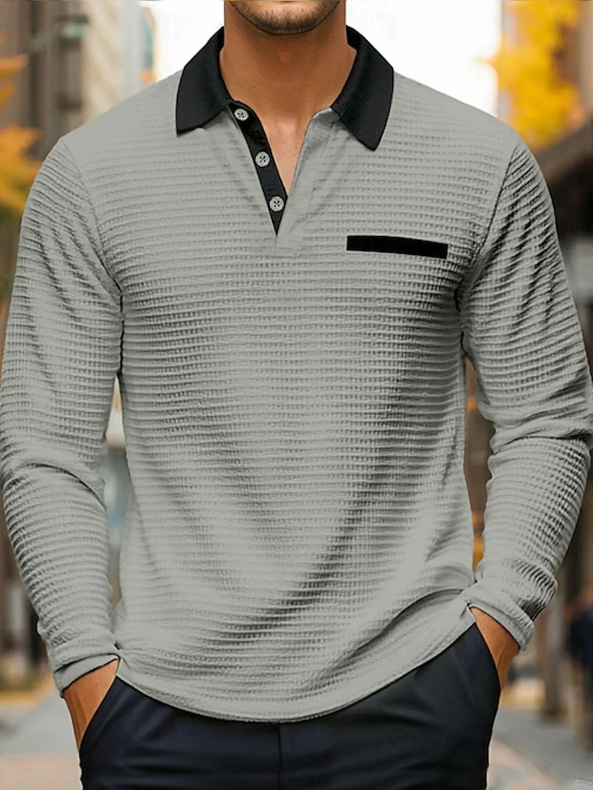 Royaura® Basic Waffle Texture Stitching Men's Contrast Color Button Long Sleeve Polo Shirt Big & Tall