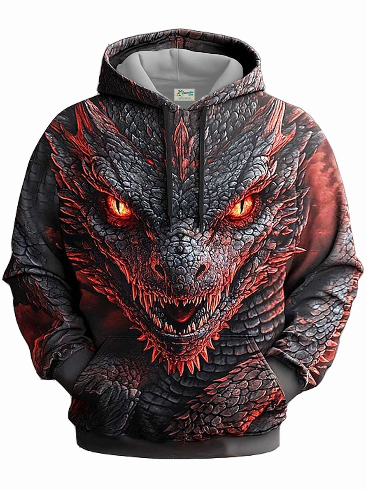 Royaura® Men's Retro Dragon Print Long Sleeve Drawstring Hoodie Big & Tall