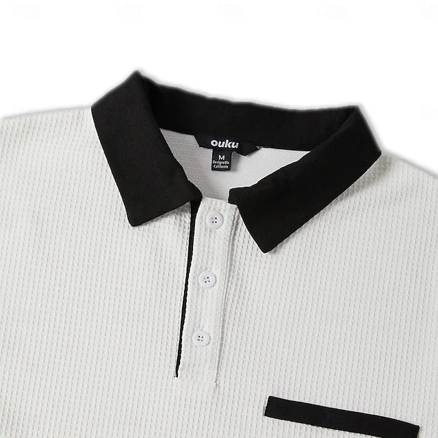 Royaura® Basic Waffle Texture Stitching Men's Contrast Color Button Long Sleeve Polo Shirt Big & Tall