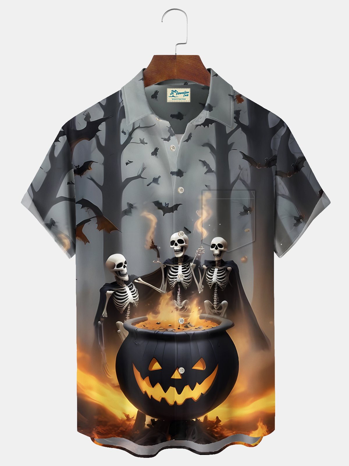 Royaura® Halloween Skeleton Print Casual Stylish Hawaiian Shirt Summer Shirts Pocket Short Sleeve Shirt Big Tall