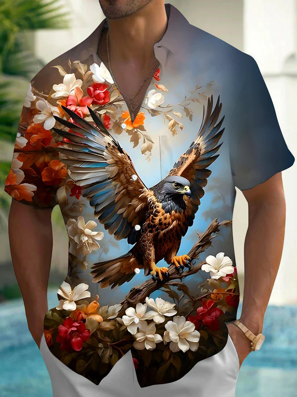 Royaura® Hawaiian Floral Eagle Print Men's Pocket Short Sleeve Button-Down Shirt Big & Tall