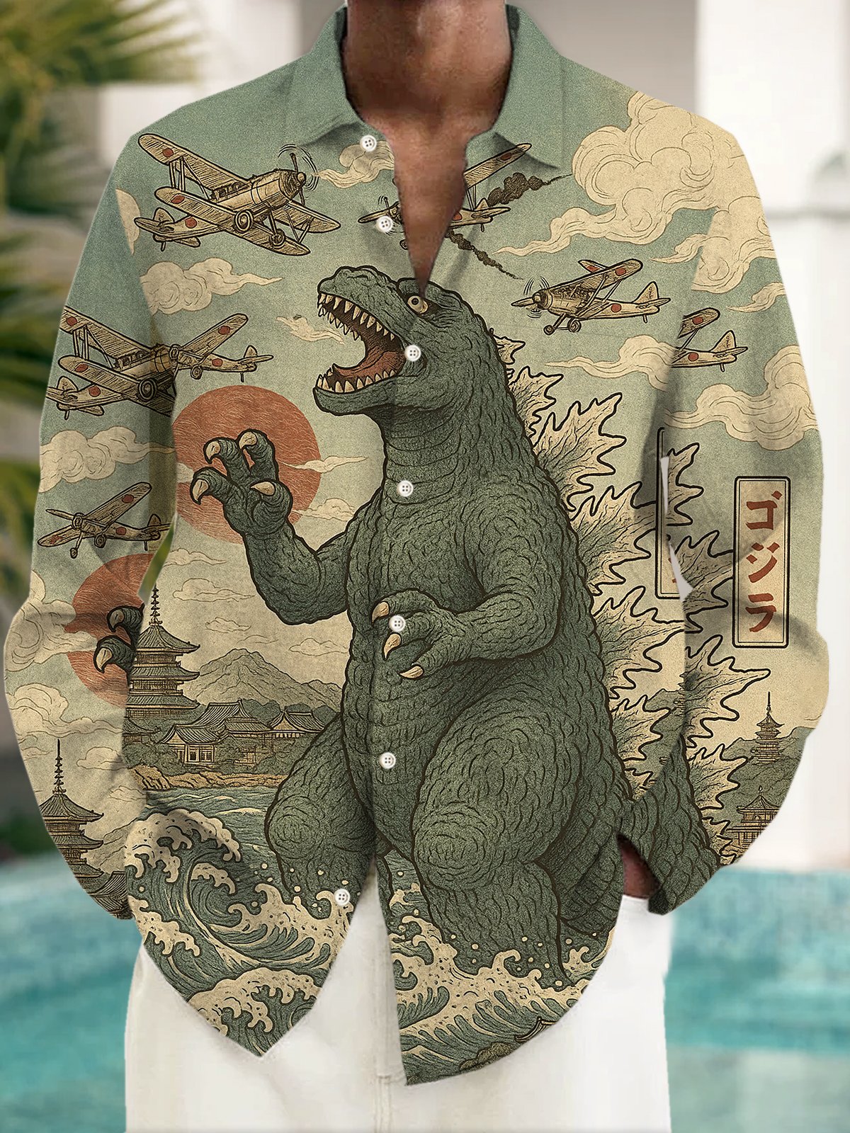 Royaura® Retro Japanese Ukiyoe Godzilla Print Men's Button Pocket Long Sleeve Shirt Big & Tall