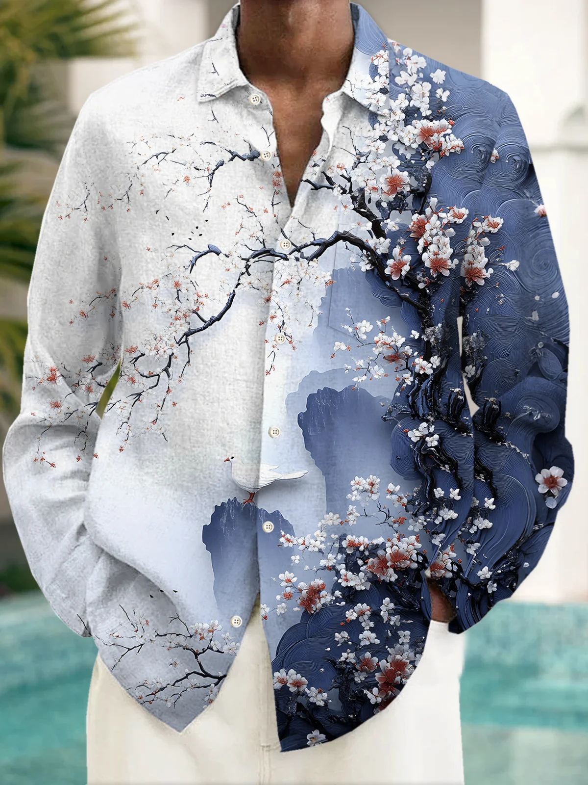 Royaura® Hawaiian Plum Blossom Landscape Print Men's Button Pocket Long Sleeve Shirt Big & Tall