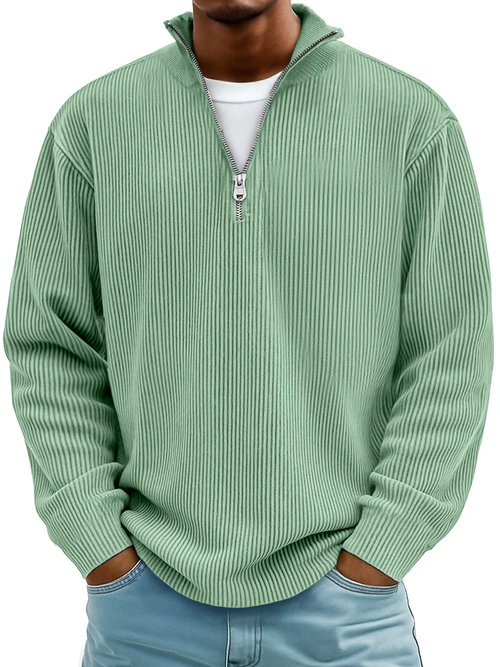 Royaura® Basic Corduroy Striped Men's Zipper Long Sleeve Stand Collar Sweatshirt Big & Tall