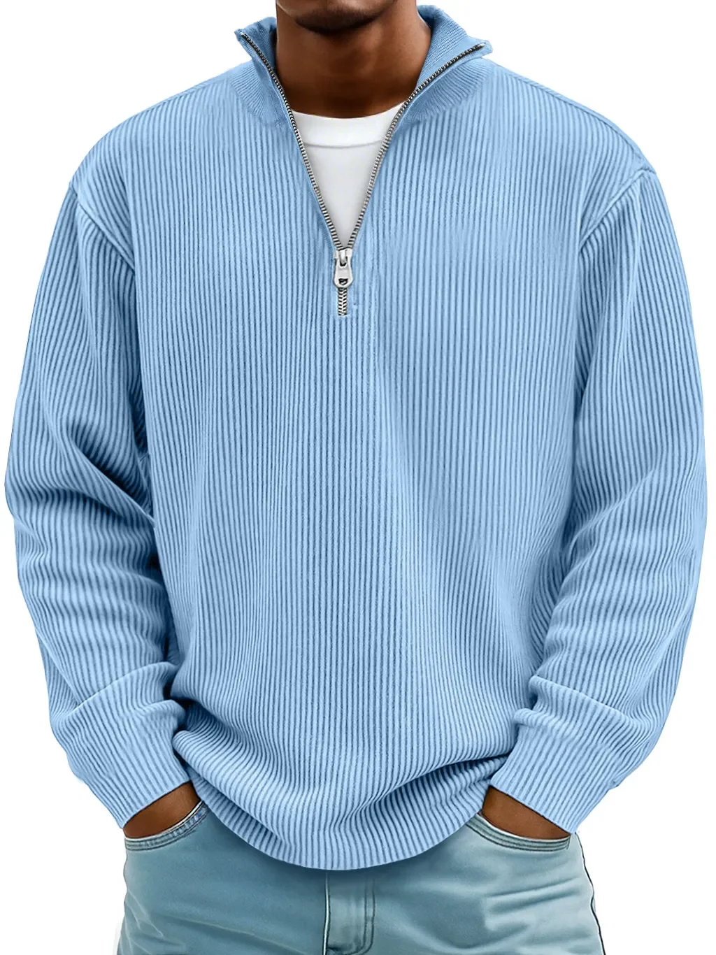 Royaura® Basic Corduroy Striped Men's Zipper Long Sleeve Stand Collar Sweatshirt Big & Tall