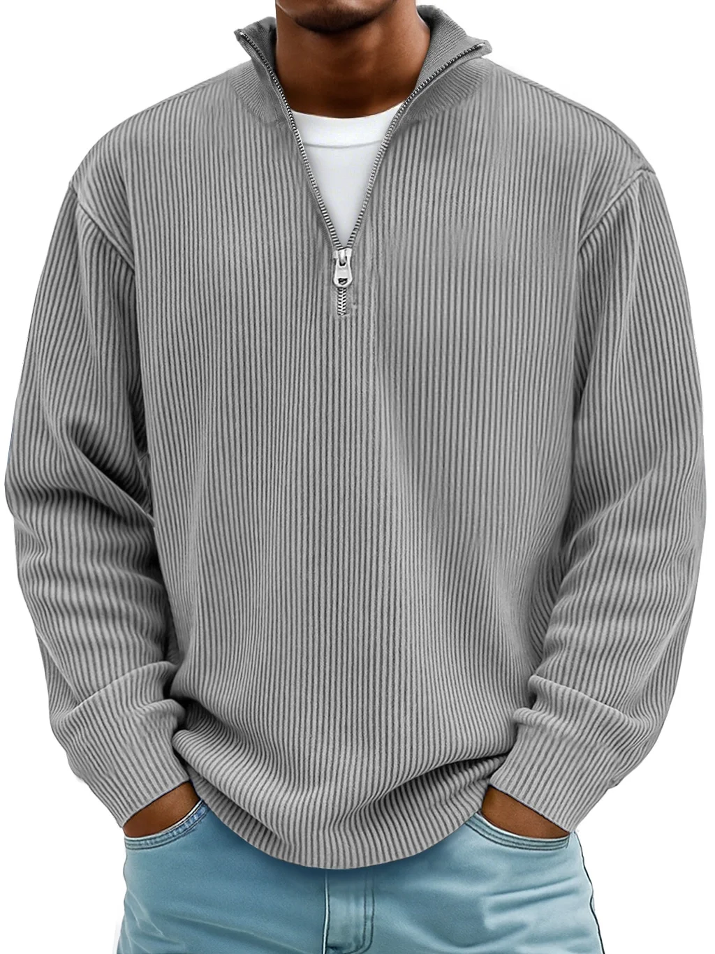 Royaura® Basic Corduroy Striped Men's Zipper Long Sleeve Stand Collar Sweatshirt Big & Tall
