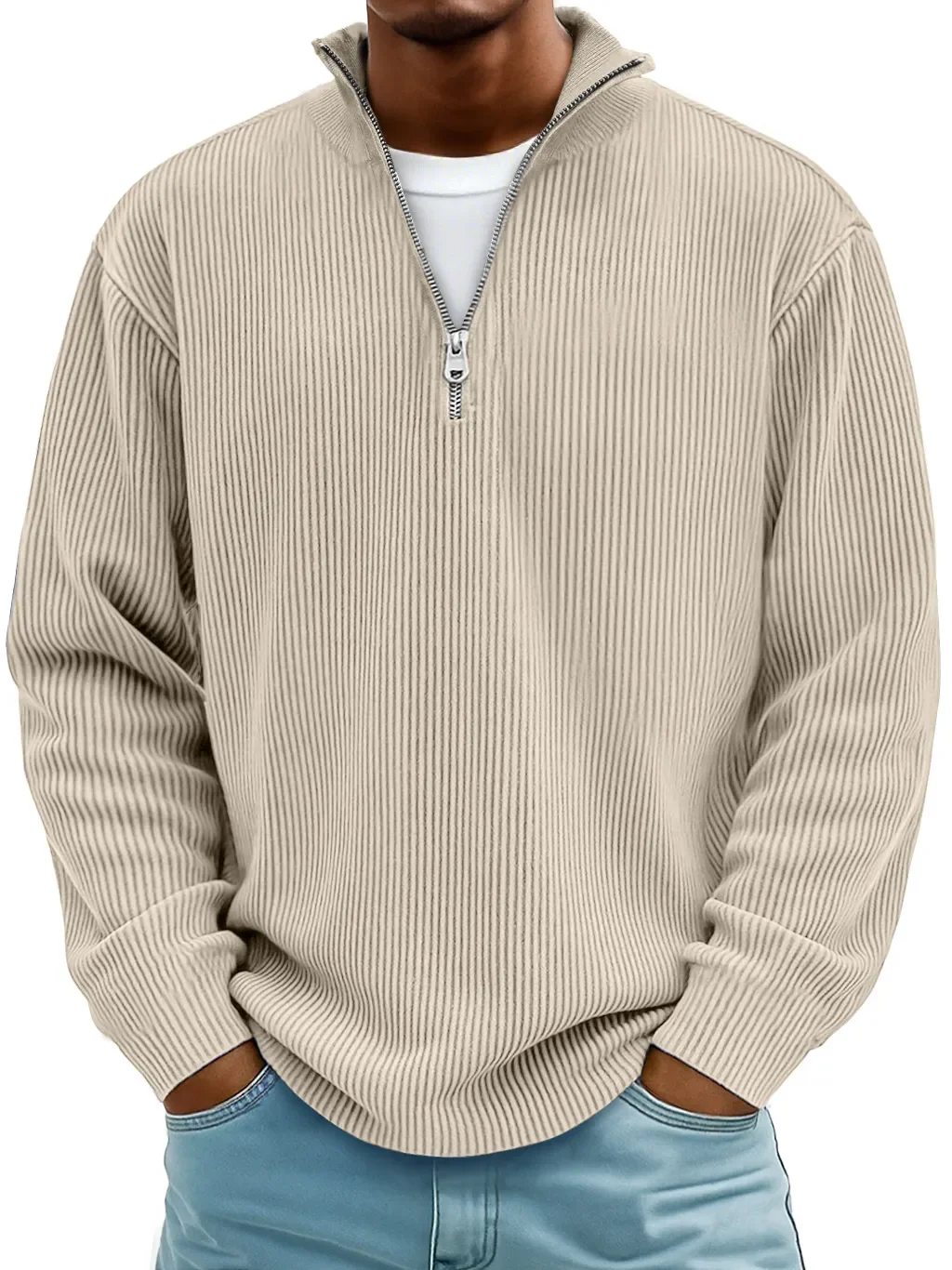 Royaura® Basic Corduroy Striped Men's Zipper Long Sleeve Stand Collar Sweatshirt Big & Tall