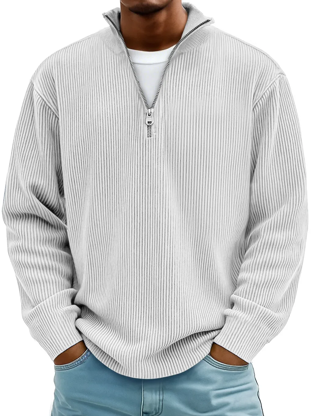 Royaura® Basic Corduroy Striped Men's Zipper Long Sleeve Stand Collar Sweatshirt Big & Tall