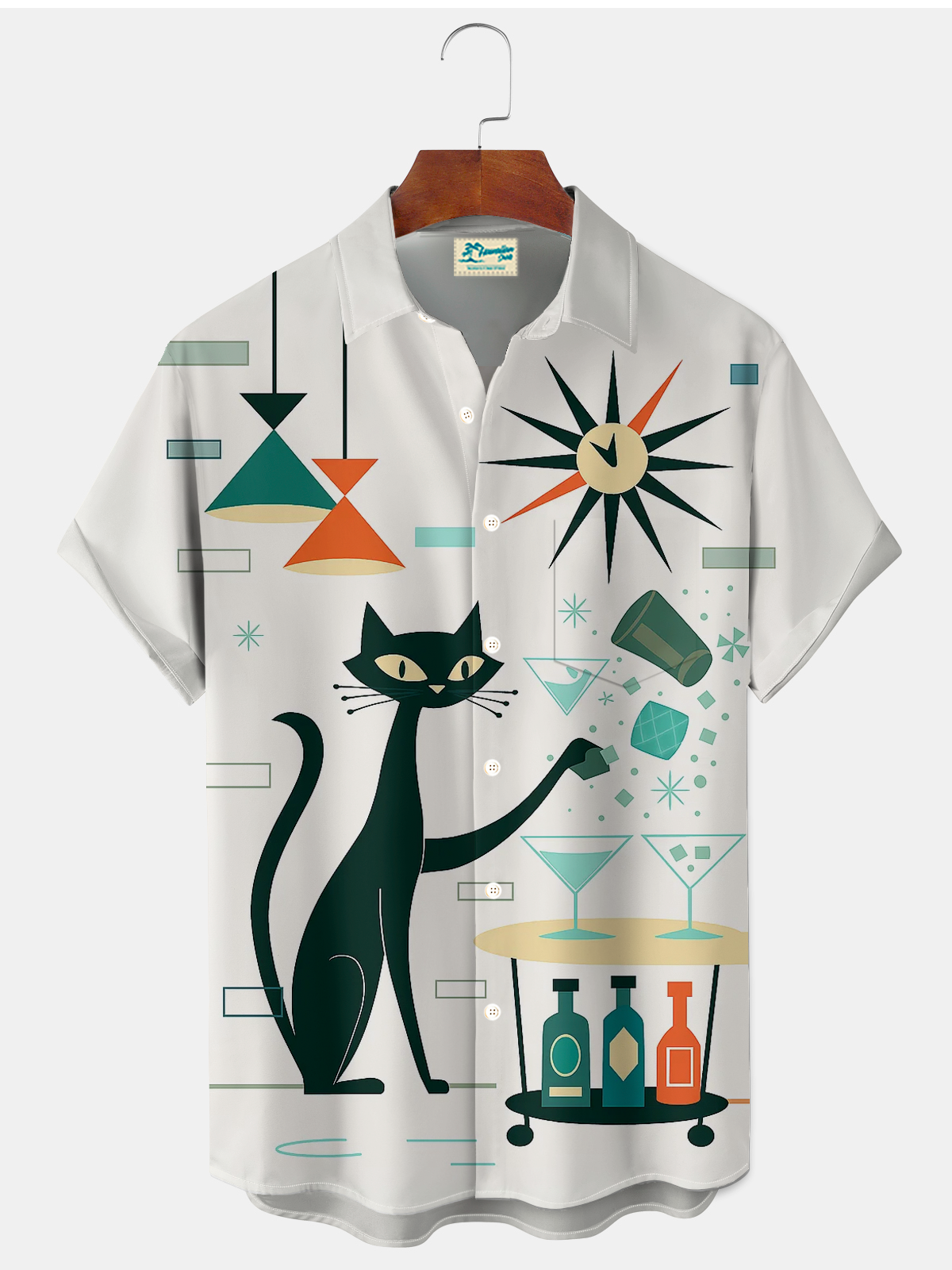 Royaura® Retro 1950s Mid-century Atomic Age Geometric Cat Graphic Print Men's Button Pocket Short Sleeve Shirt Big & Tall