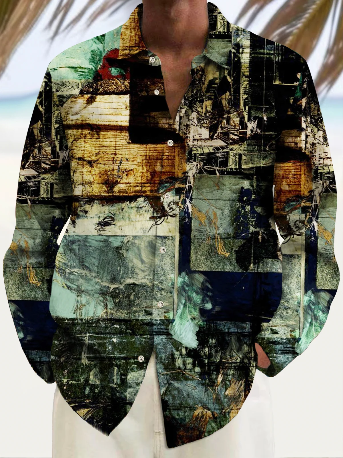 Royaura Vintage Gradient Abstract Art Print Men's Button Pocket Long Sleeve Shirt Big & Tall