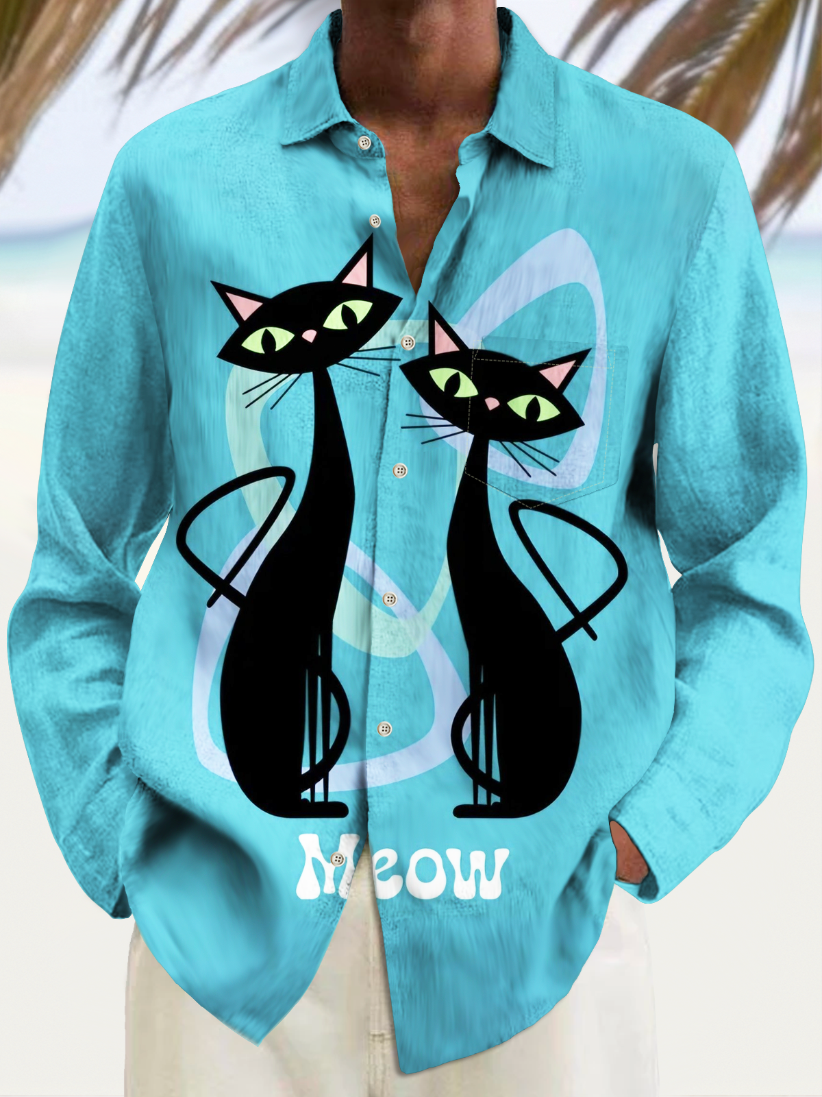 Royaura® Retro 1950s Mid-century Atomic Age Geometric Cat Graphic Print Men's Button Pocket Long Sleeve Shirt Big & Tall