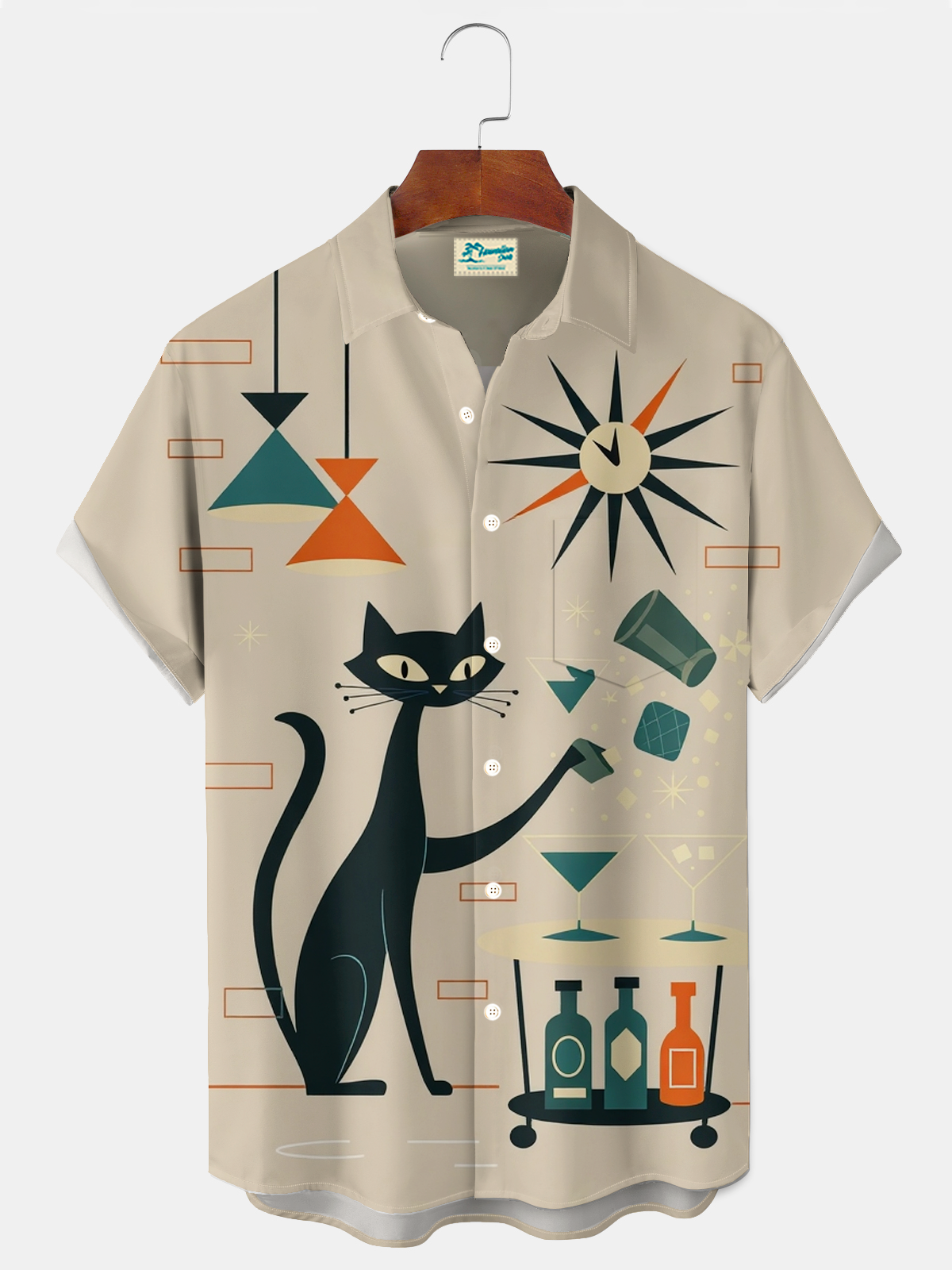 Royaura® Retro 1950s Mid-century Atomic Age Geometric Cat Graphic Print Men's Button Pocket Short Sleeve Shirt Big & Tall