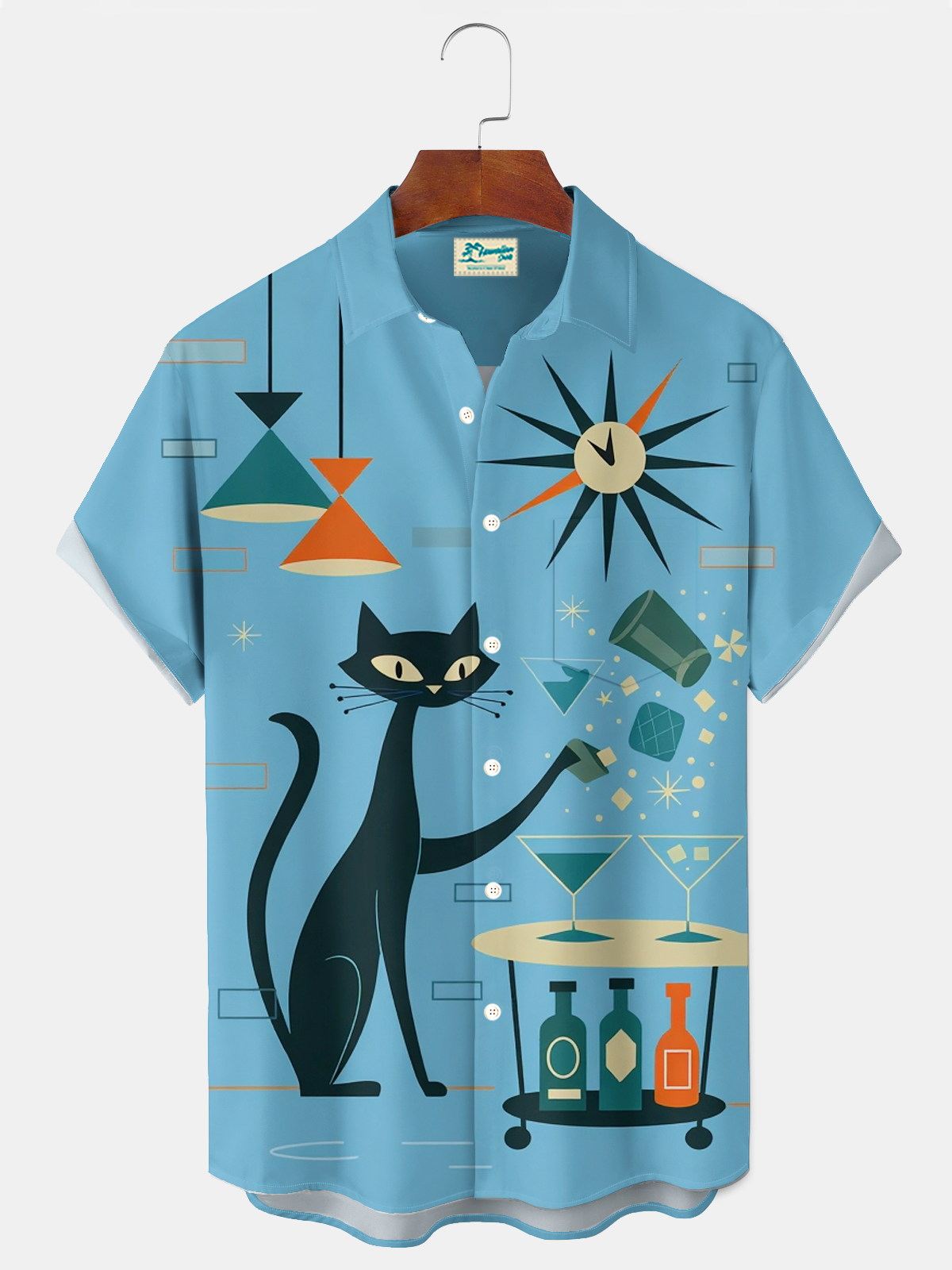 Royaura® Retro 1950s Mid-century Atomic Age Geometric Cat Graphic Print Men's Button Pocket Short Sleeve Shirt Big & Tall