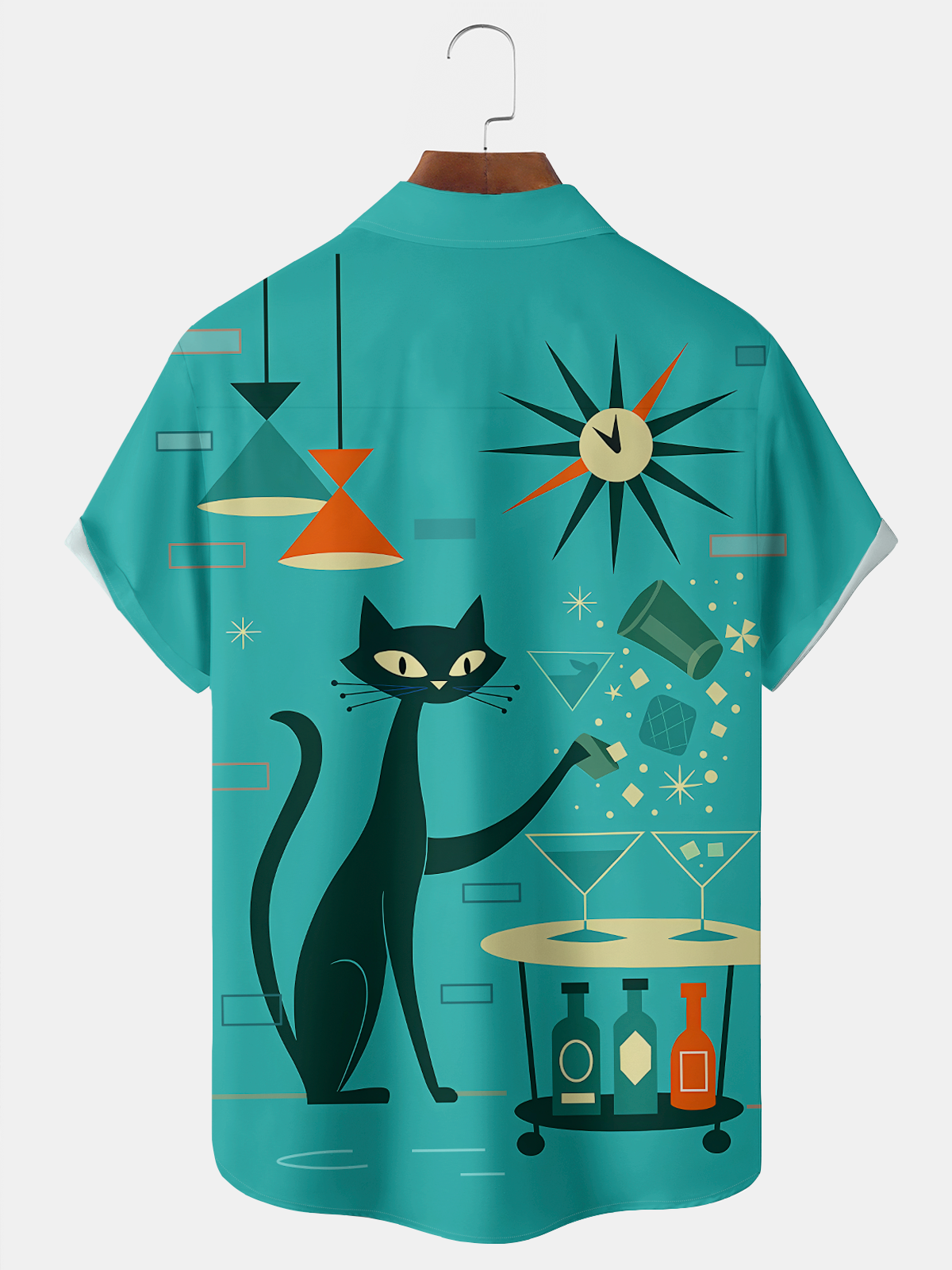 Royaura® Retro 1950s Mid-century Atomic Age Geometric Cat Graphic Print Men's Button Pocket Short Sleeve Shirt Big & Tall