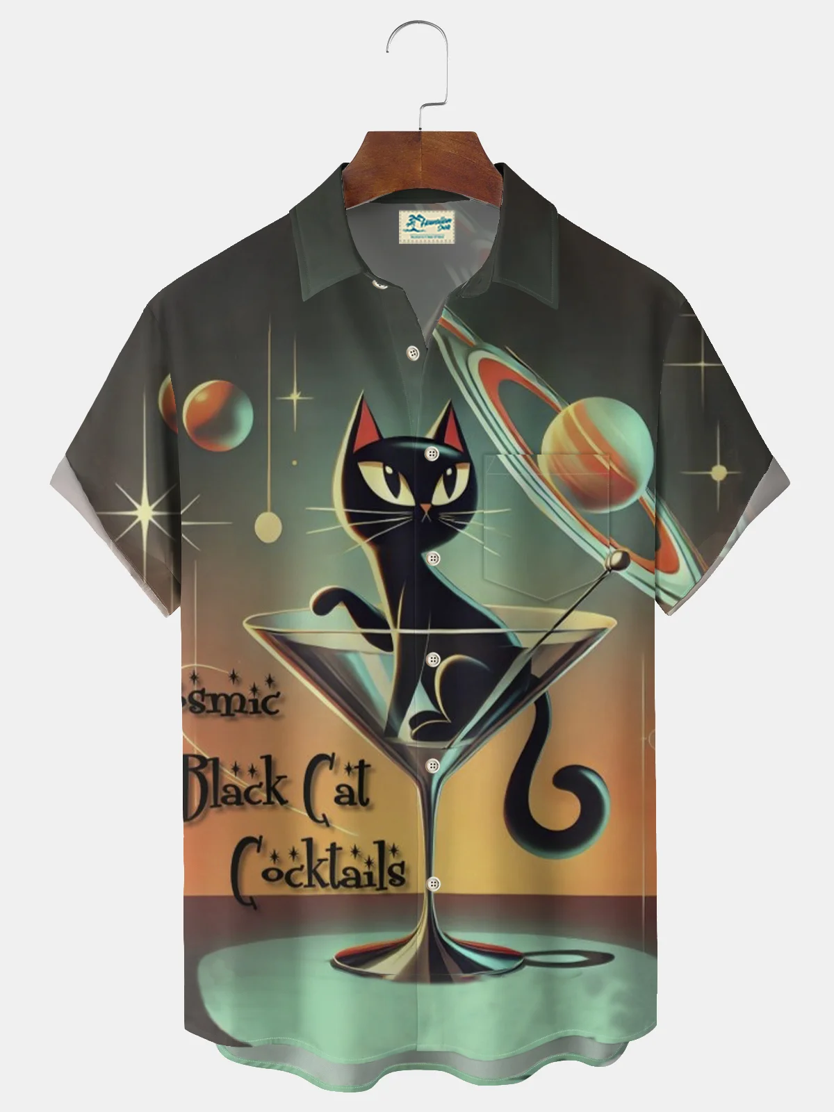 Royaura® Retro Medieval Cat Geometric Print Men's Lapel Short Sleeve Shirt Big & Tall