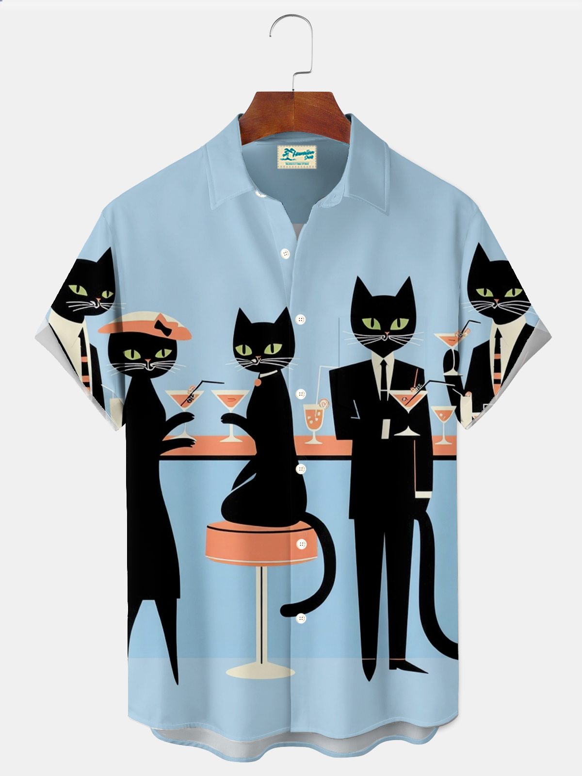 Royaura® Retro 1950s Mid-century Atomic Age Geometric Cat Graphic Print Men's Button Pocket Short Sleeve Shirt Big & Tall