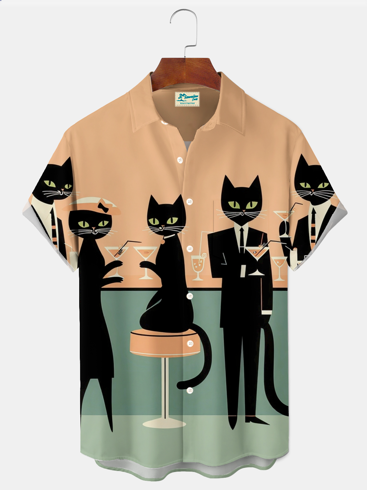 Royaura® Retro 1950s Mid-century Atomic Age Geometric Cat Graphic Print Men's Button Pocket Short Sleeve Shirt Big & Tall