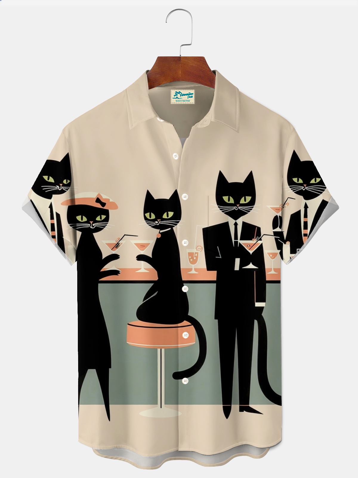 Royaura® Retro 1950s Mid-century Atomic Age Geometric Cat Graphic Print Men's Button Pocket Short Sleeve Shirt Big & Tall