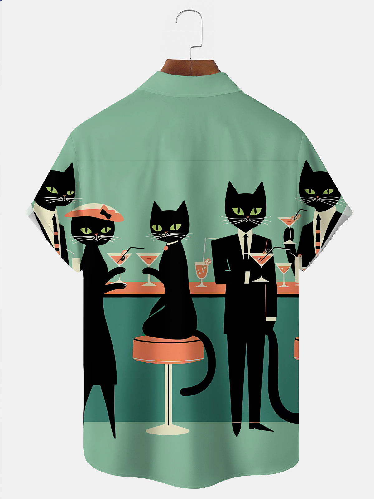 Royaura® Retro 1950s Mid-century Atomic Age Geometric Cat Graphic Print Men's Button Pocket Short Sleeve Shirt Big & Tall