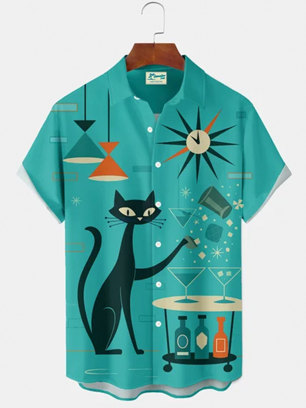 Royaura® Retro 1950s Mid-century Atomic Age Geometric Cat Graphic Print Men's Button Pocket Short Sleeve Shirt Big & Tall
