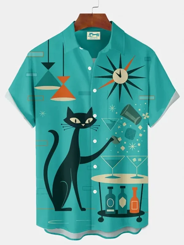 Royaura® Retro 1950s Mid-century Atomic Age Geometric Cat Graphic Print Men's Button Pocket Short Sleeve Shirt Big & Tall