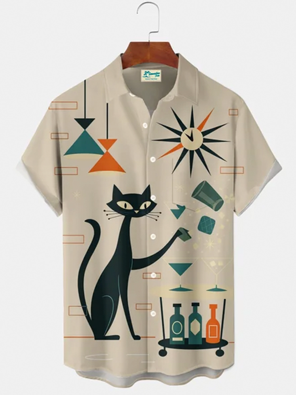Royaura® Retro 1950s Mid-century Atomic Age Geometric Cat Graphic Print Men's Button Pocket Short Sleeve Shirt Big & Tall