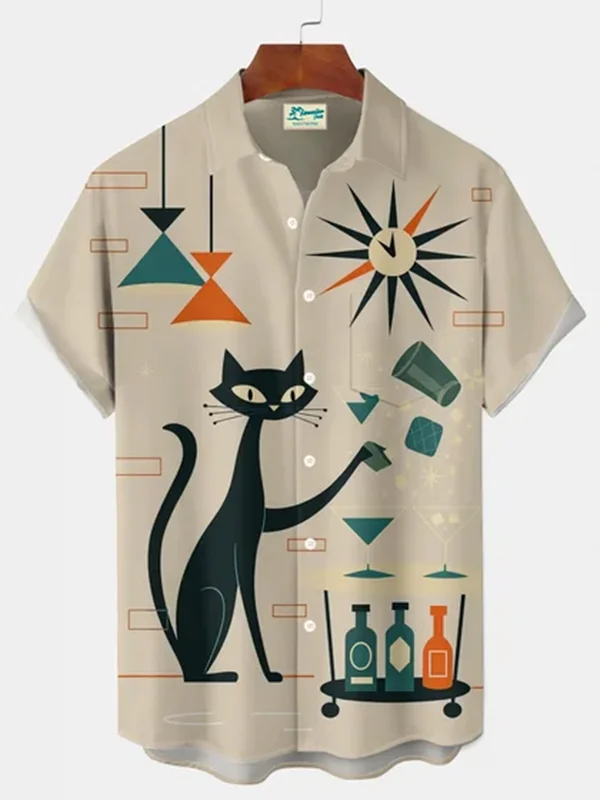 Royaura® Retro 1950s Mid-century Atomic Age Geometric Cat Graphic Print Men's Button Pocket Short Sleeve Shirt Big & Tall
