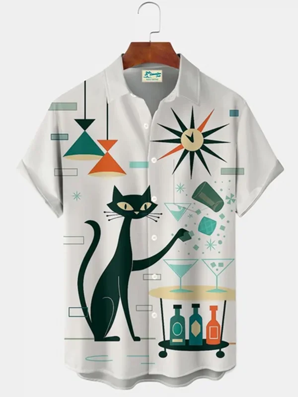 Royaura® Retro 1950s Mid-century Atomic Age Geometric Cat Graphic Print Men's Button Pocket Short Sleeve Shirt Big & Tall
