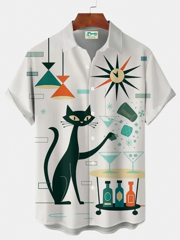Royaura® Retro 1950s Mid-century Atomic Age Geometric Cat Graphic Print Men's Button Pocket Short Sleeve Shirt Big & Tall