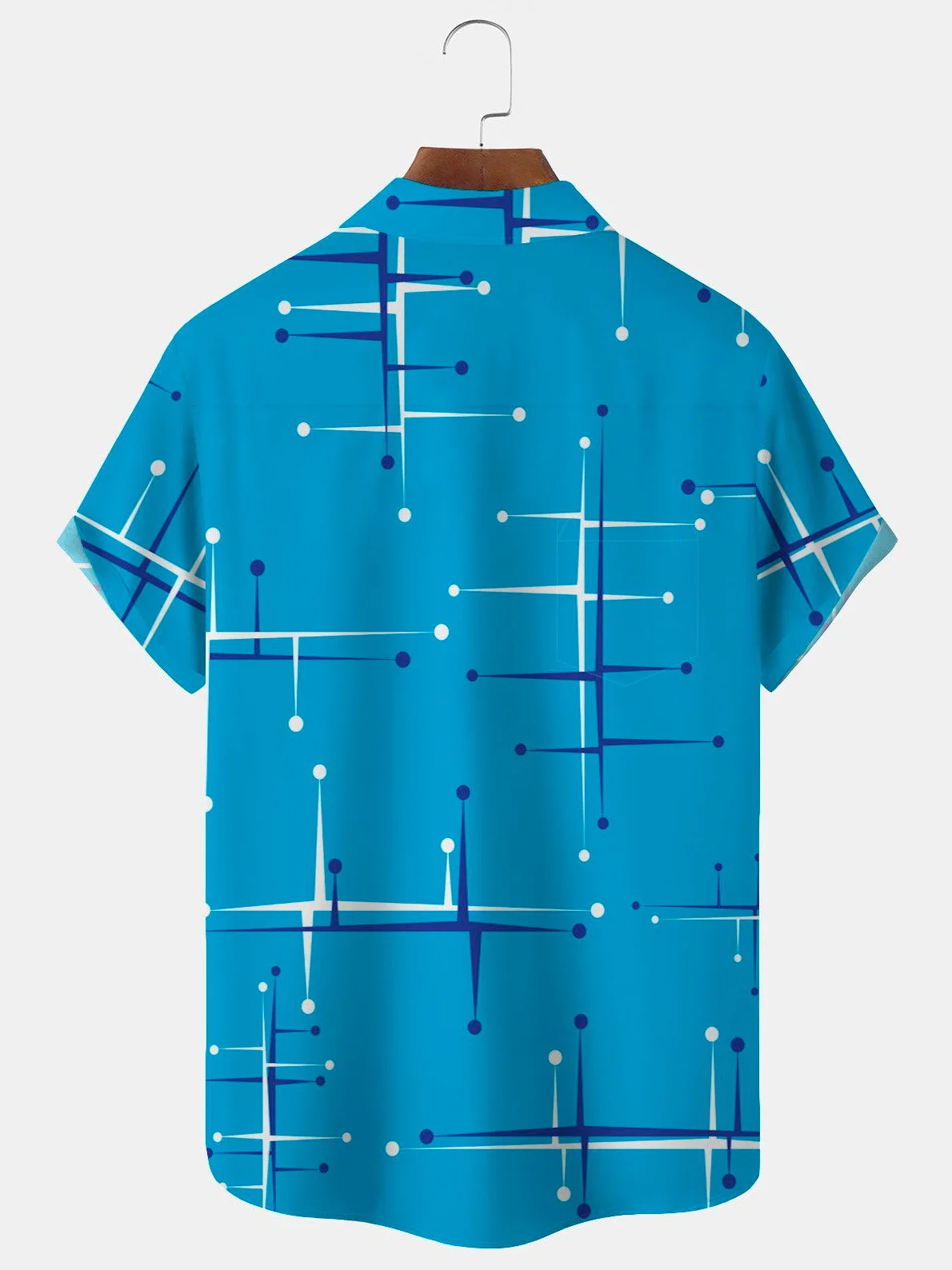 Royaura  50’S Vintage Mid-Century Modern Geometric Blue Men's Stretch Plus Aloha Casual Pocket Short Sleeve Shirts