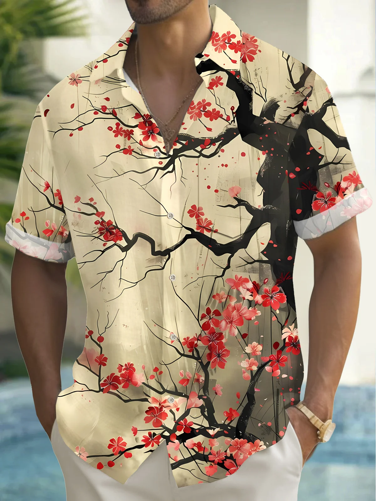Royaura® Beach Vacation Men's Casual Stylish Hawaiian Shirt Summer Shirts Flowers Print Pocket Short Sleeve Sleeve Shirt Big Tall