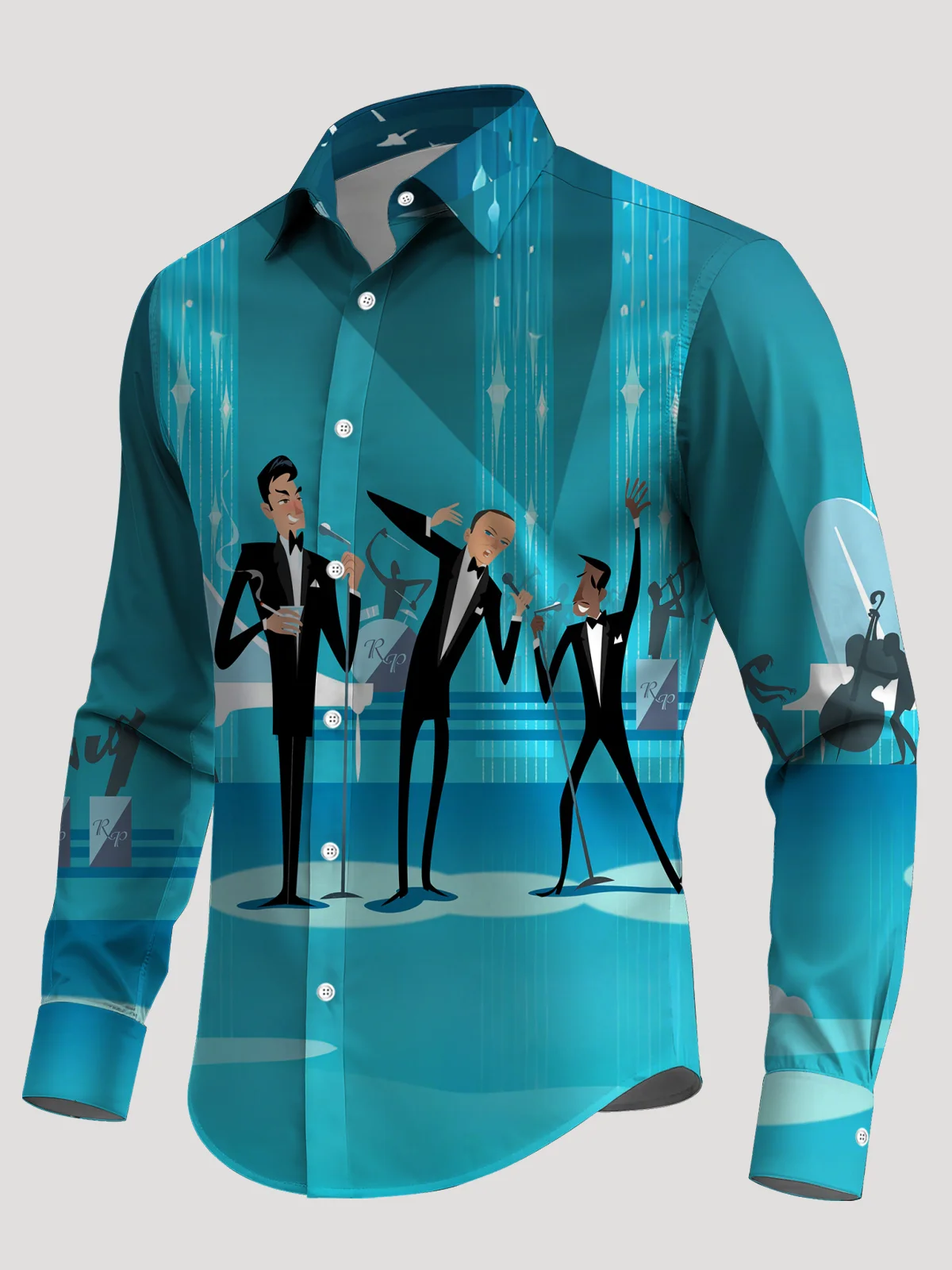 Royaura® Retro 1950s Mid-century Atomic Age Geometric Graphic Print Men's Button Pocket Long Sleeve Shirt Big & Tall