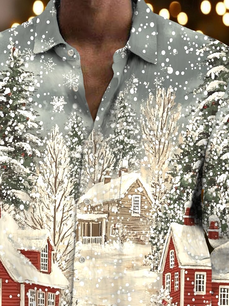 Royaura® Christmas Cartoon Print Casual Fashion Men's Button Pocket Long Sleeve Shirt Big Tall