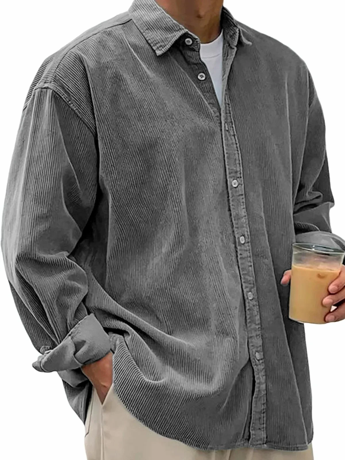 Royaura® Basic Solid Color Cotton Linen Print Men's Button Pocket Long Sleeve Shirt Big & Tall