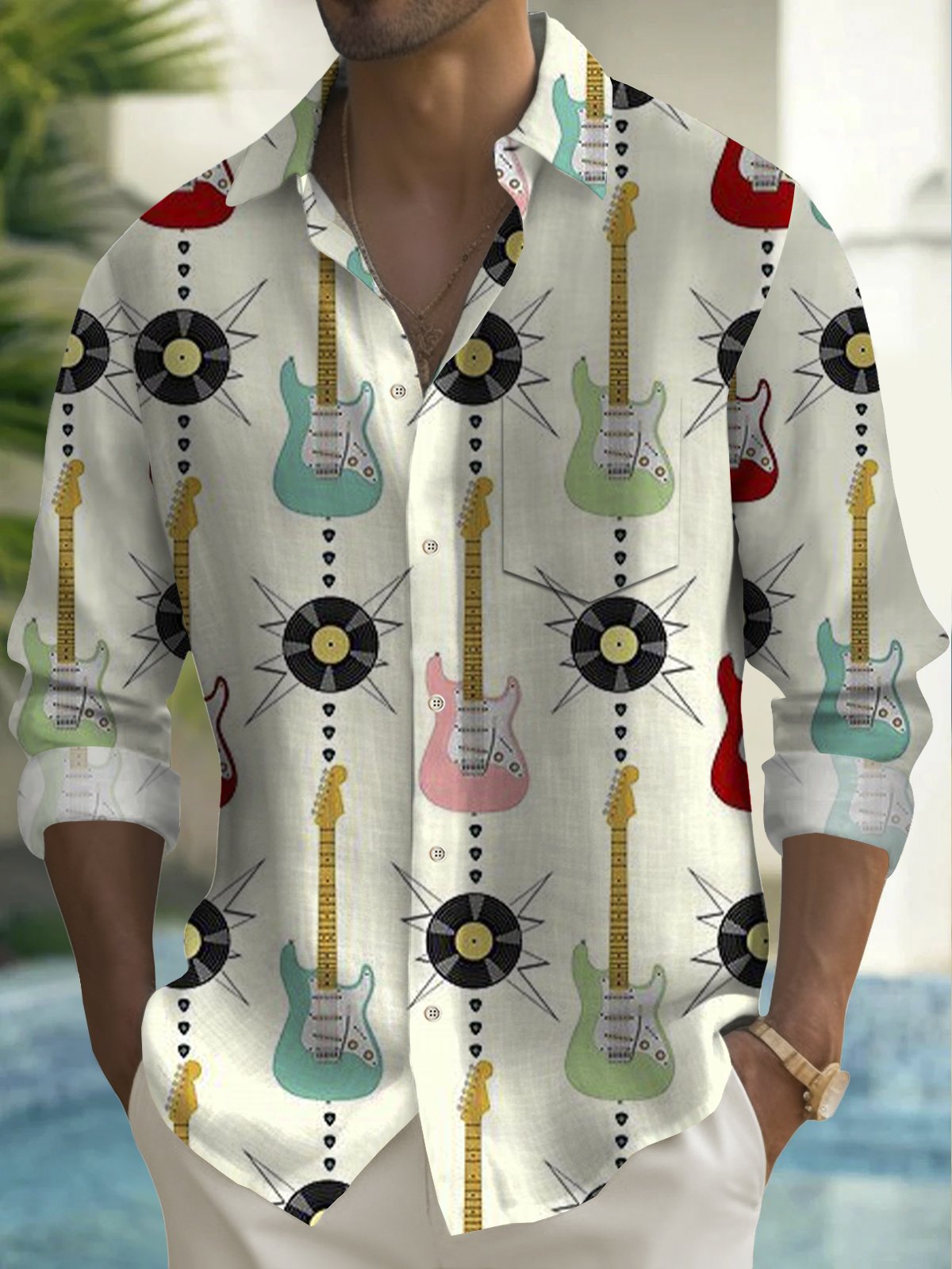 Royaura® Vintage Guitar Print Men's Lapel Pocket Long Sleeve Shirt Big & Tall