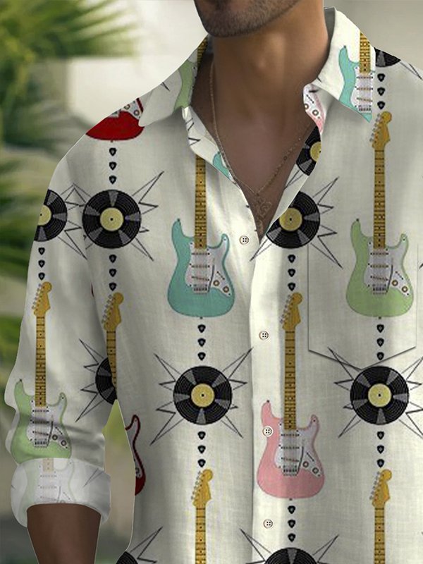Royaura® Vintage Guitar Print Men's Lapel Pocket Long Sleeve Shirt Big & Tall