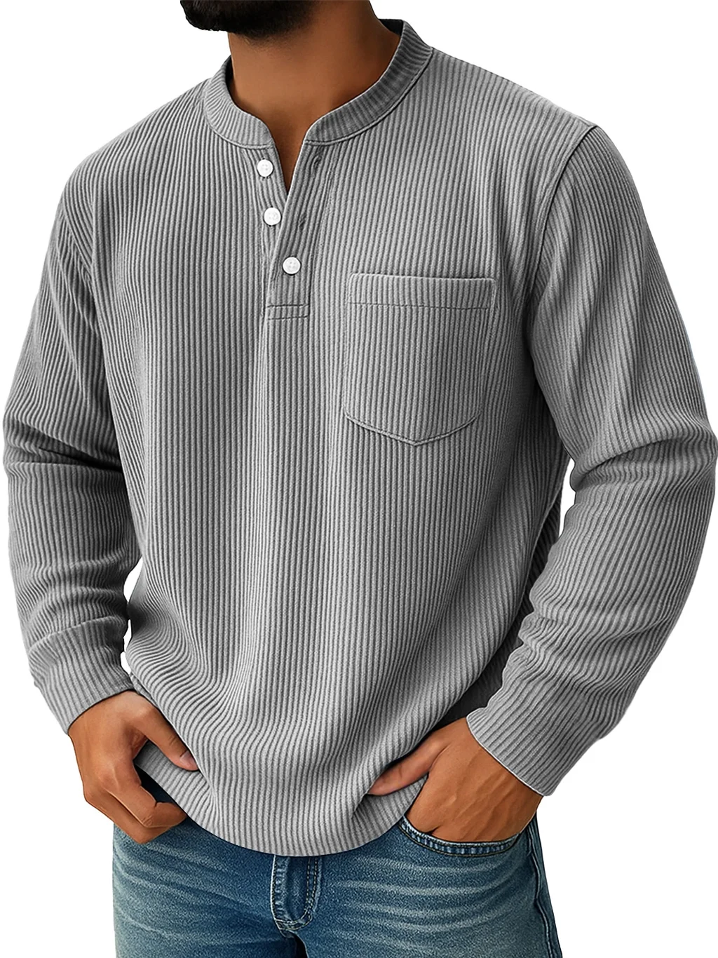 Royaura® Men's Corduroy Crew Neck Button-Down Long Sleeve T-Shirt Big & Tall