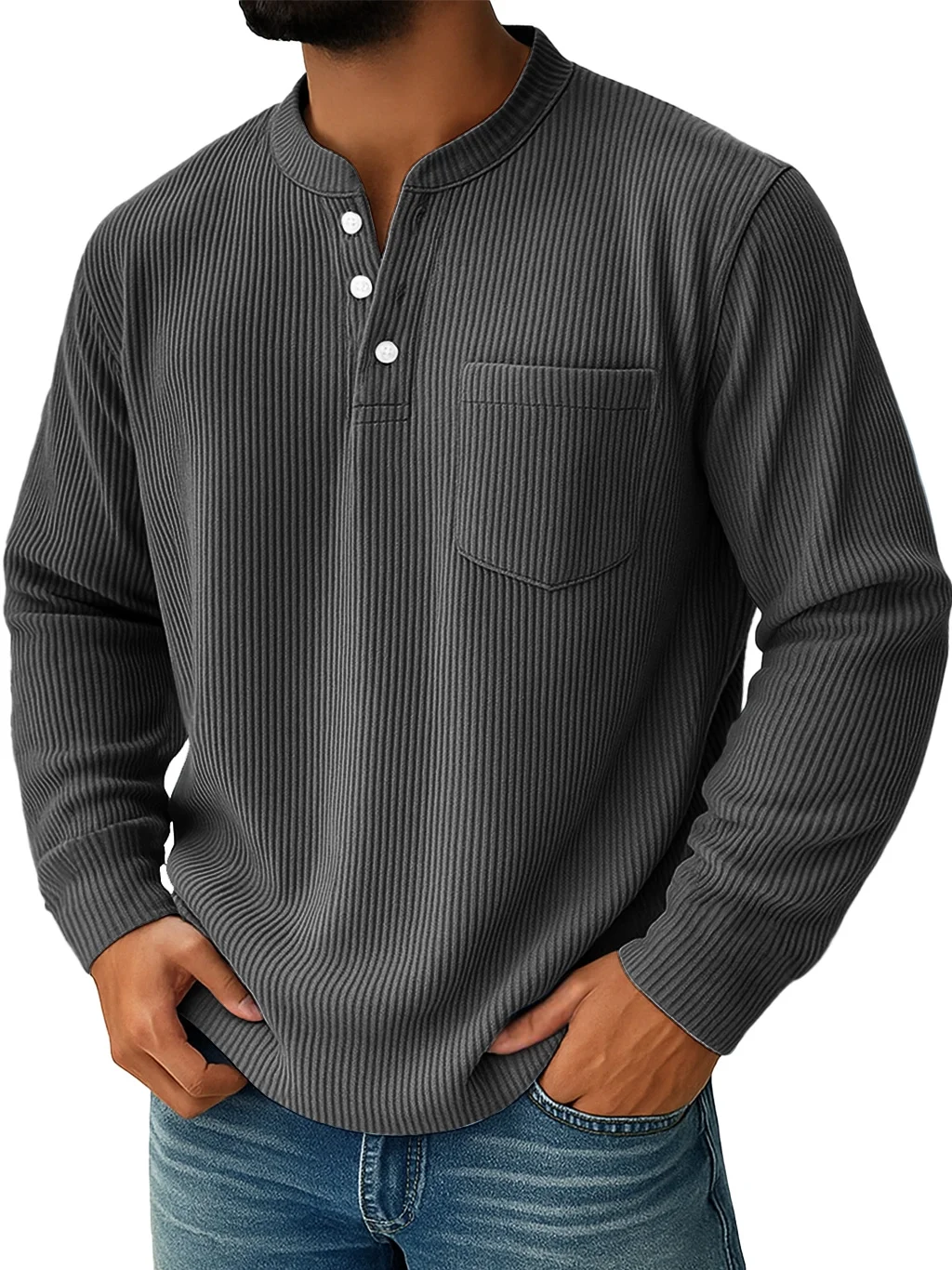 Royaura® Men's Corduroy Crew Neck Button-Down Long Sleeve T-Shirt Big & Tall