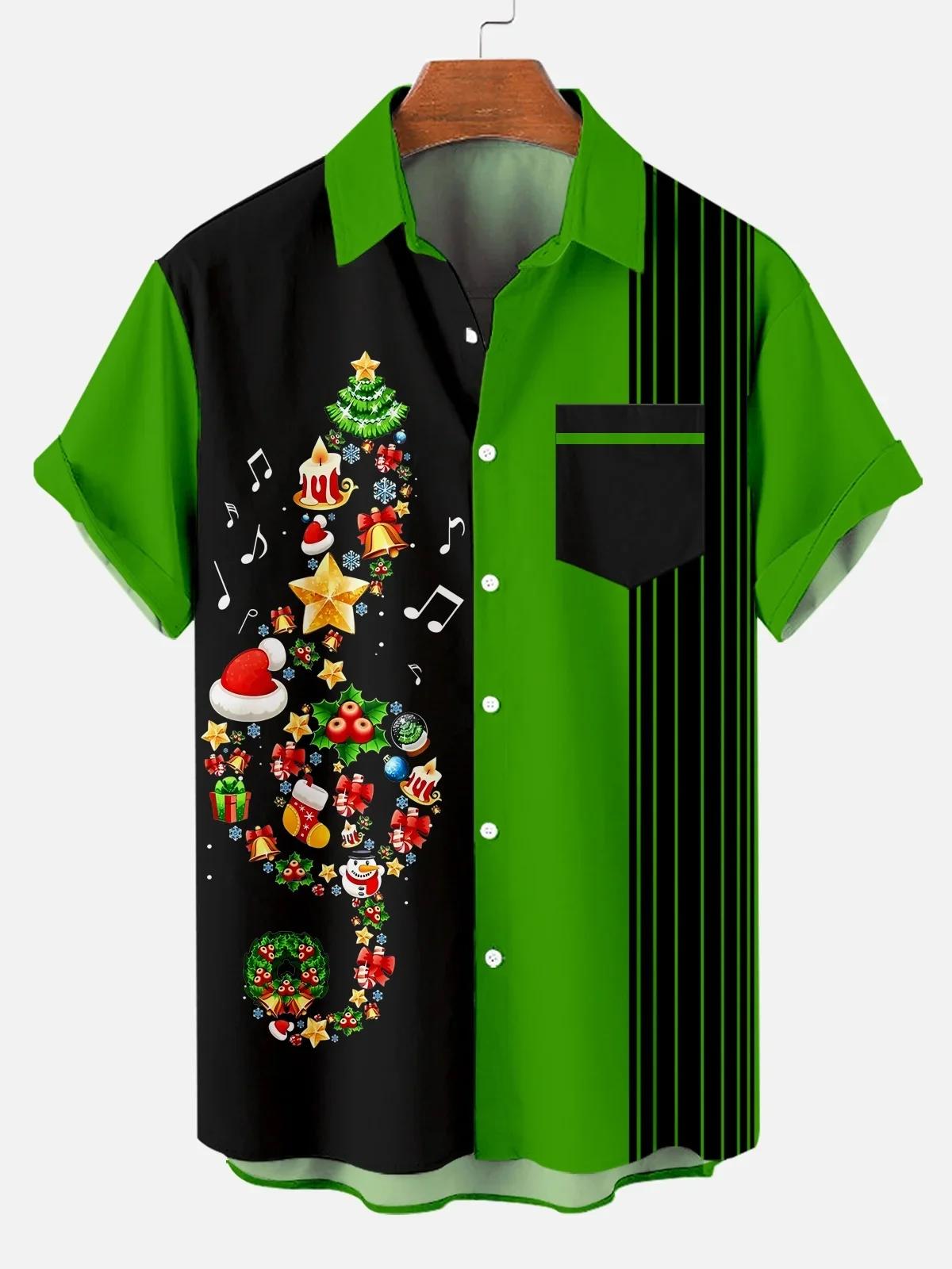 Royaura® Christmas Musical Notes Christmas Gift Print Men's Lapel Pocket Short Sleeve Shirt Big & Tall