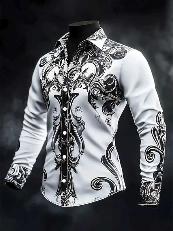 Royaura® Men's Retro Art European Pattern Print Pocket Long Sleeve Shirt Big & Tall