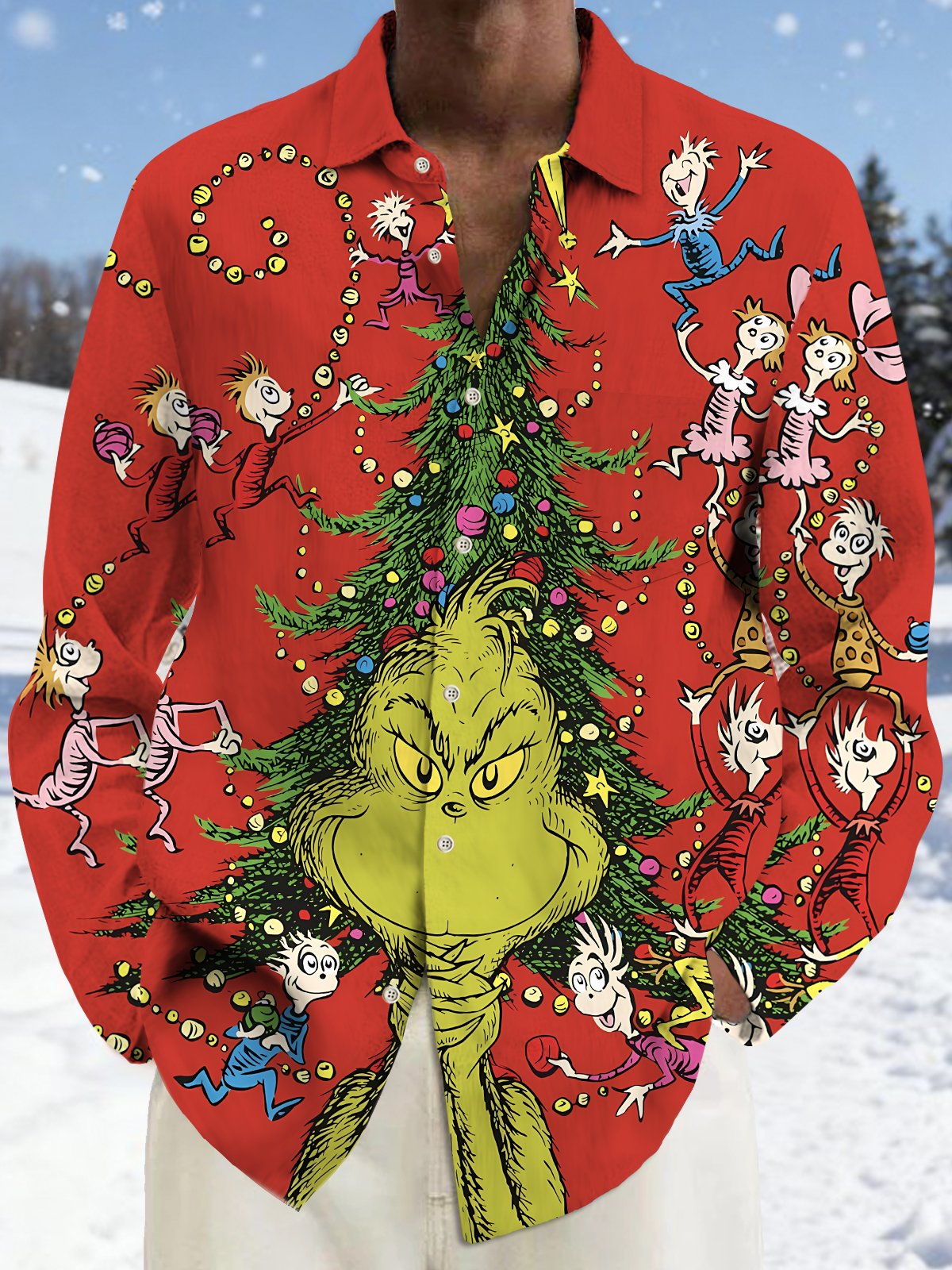 Royaura® Christmas Cartoon Print Casual Fashion Men's Button Pocket Long Sleeve Shirt Big Tall