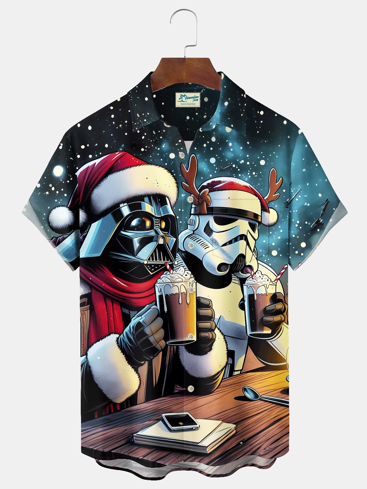 Royaura® Christmas Cartoon Print Casual Stylish Hawaiian Shirt Summer Shirts Pocket Short Sleeve Shirt Big Tall