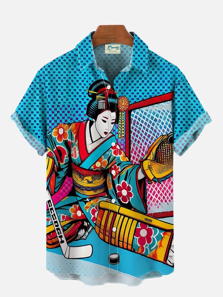 Royaura® Men's Retro Ukiyo-e Ice Hockey Girl Print Pocket Short Sleeve Shirt Big & Tall