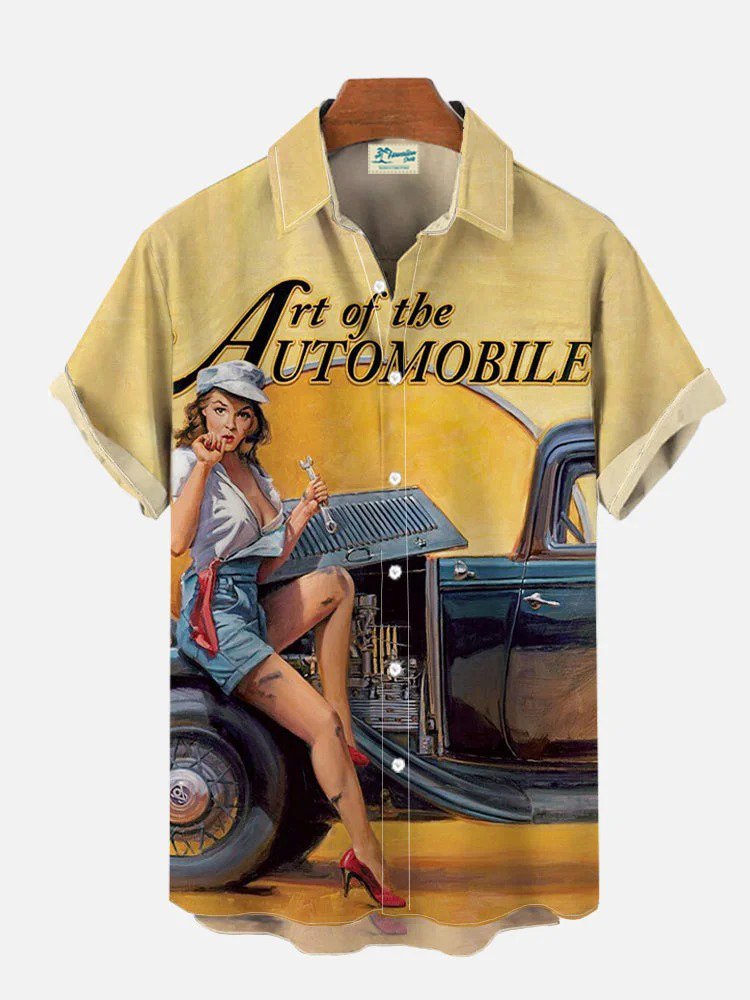 Royaura® Men's Retro Car Girl Print Pocket Short Sleeve Shirt Big & Tall