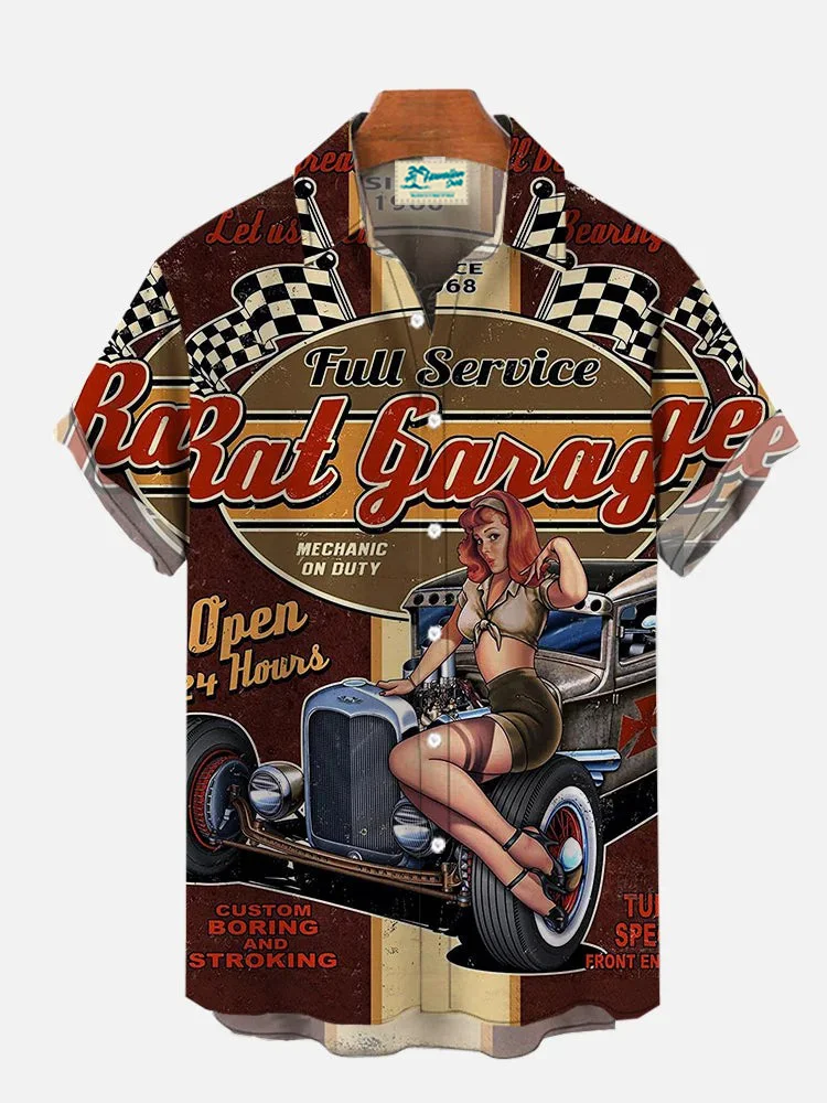 Royaura® Men's Retro Car Girl Print Pocket Short Sleeve Shirt Big & Tall